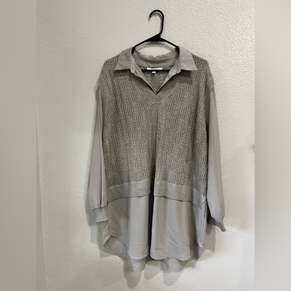 Next Women’s Neutral Knit Tunic Collared Layer Shimmery eyelet Sz XL career Chic